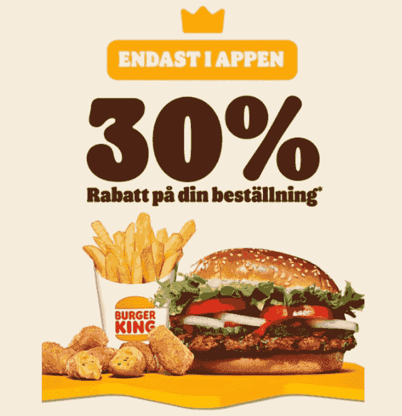 Få 30 % rabatt på en beställning över 150 kr hos Burger King