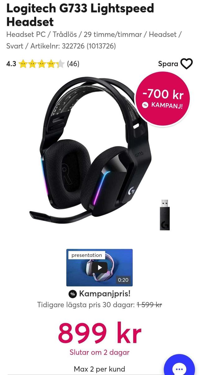 Logitech G733 Lightspeed Svart Headset