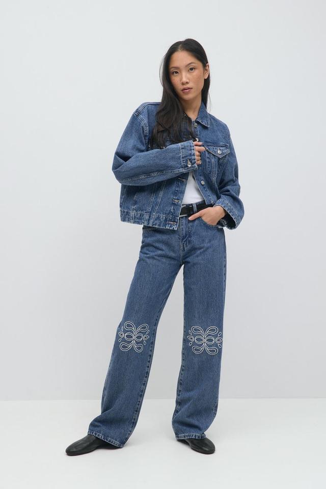 Blå Broderade Jeans för Dam