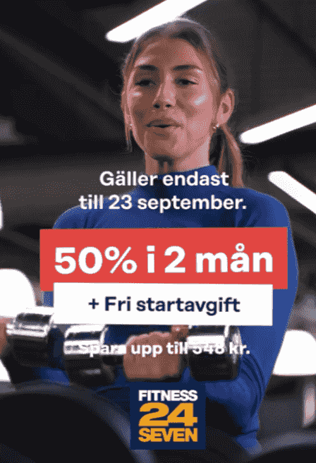 50 % i 2 månader + fri startavgift hos Fitness24Seven