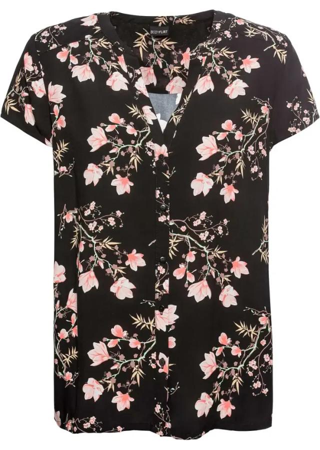 Elegant blommig kortärmad blus svart