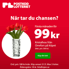 Första månaden för 99 kr + Orrefors-vas hos Postkodlotteriet