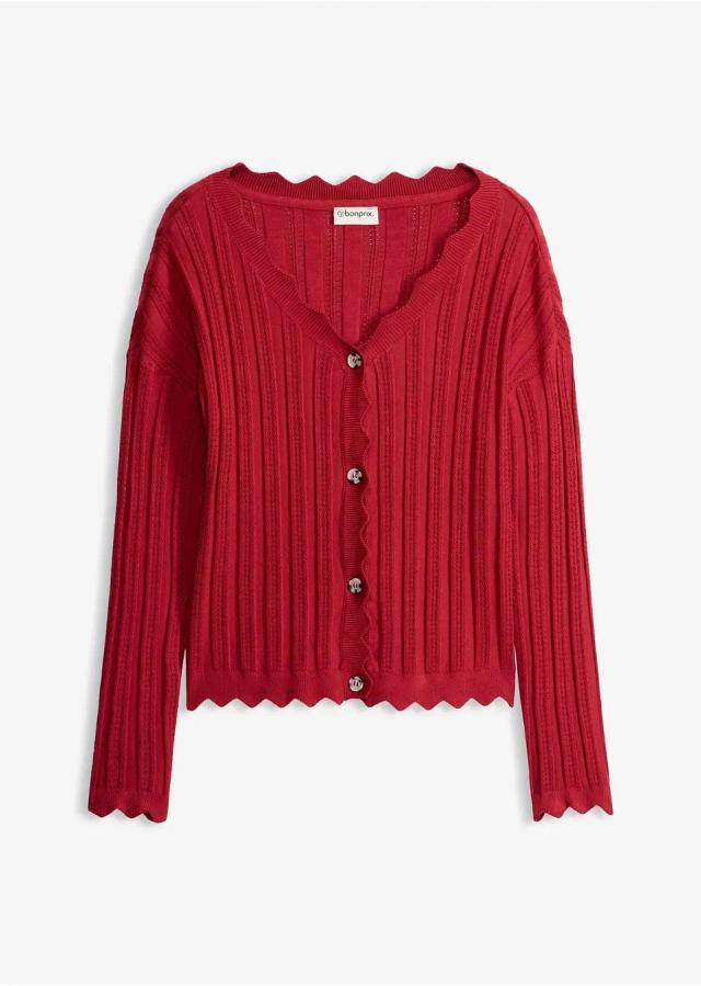 Körsbärsröd cardigan med hålmönster