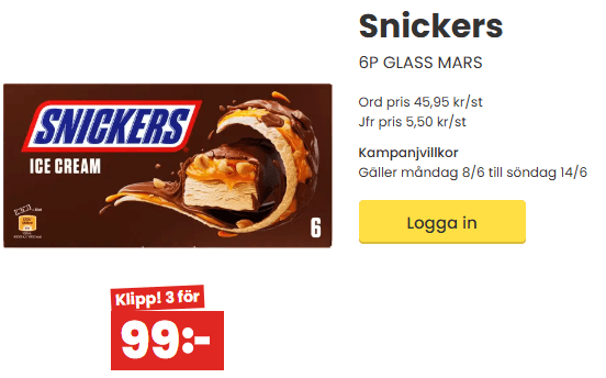 Snickers 6P GLASS MARS - Gäller, Snickers,Mars Och Twix 3st för 99kr