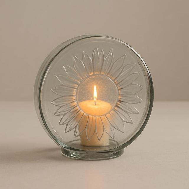 Solros ljuslykta i cirkulärt glas 18 cm