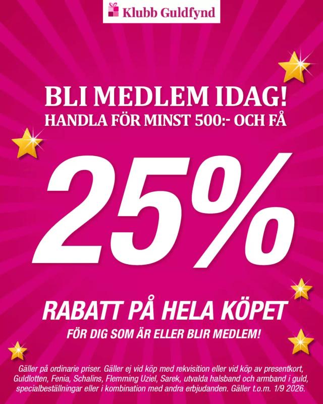 25 % rabatt på hela köpet hos Guldfynd vid köp för minst 500 kr