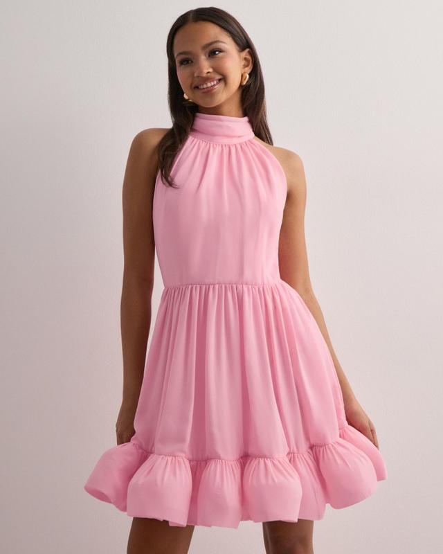 Malina Fern Halterneck Ruffle Mini Dress - Baby Pink