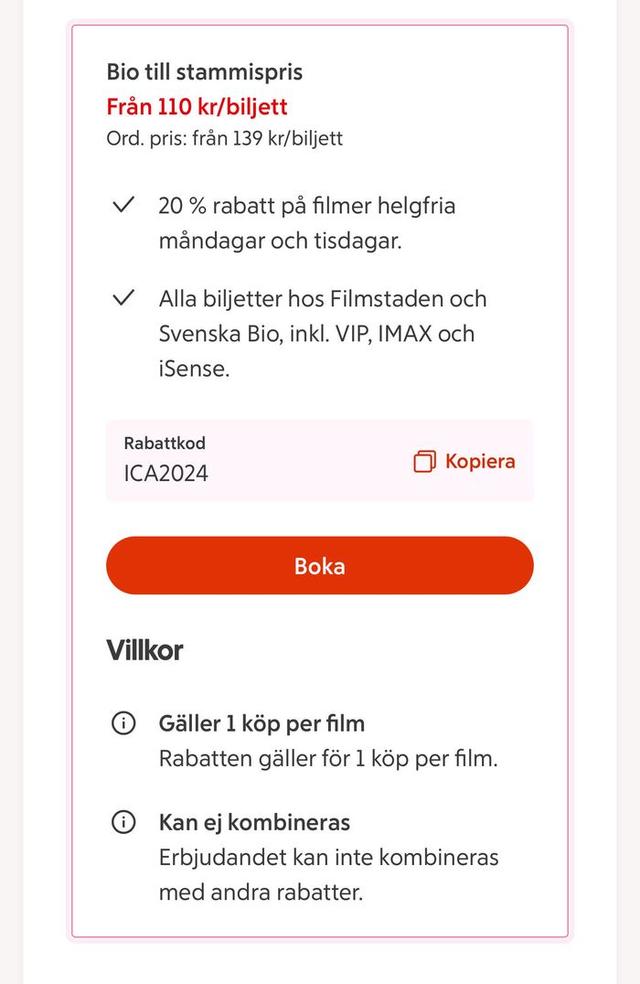 ICA 20 % rabatt på Filmstaden filmer helgfria mån & tis