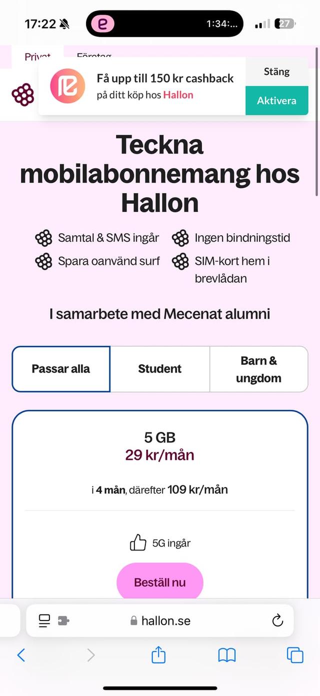 Mobilabonnemang från 29 kr/mån i 4 månader