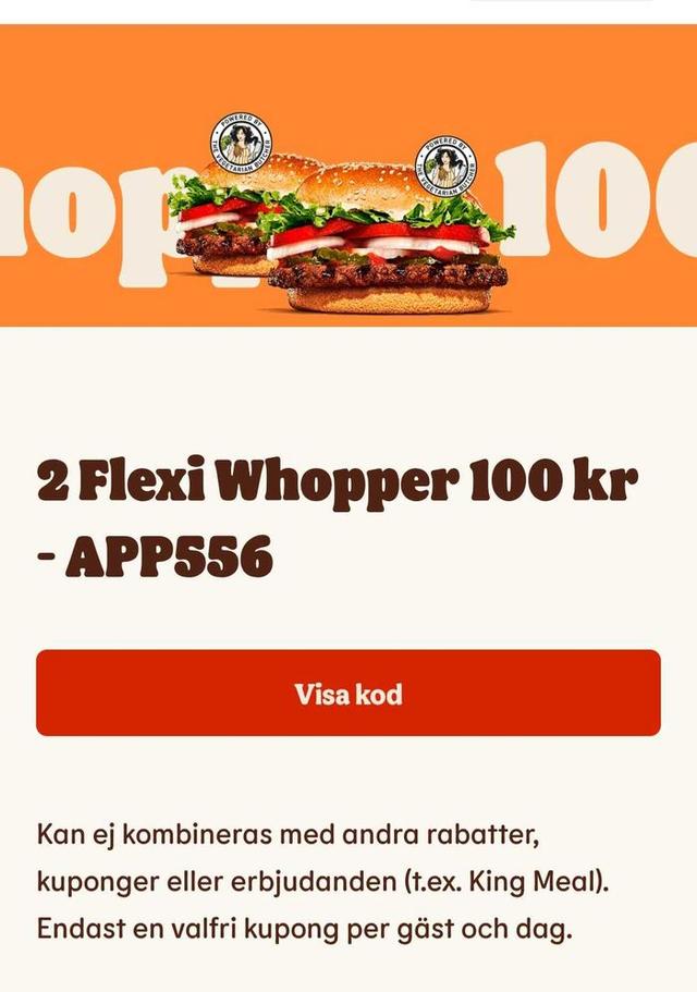Burger King - 2 Flexi Whopper 100 kr (med kod)