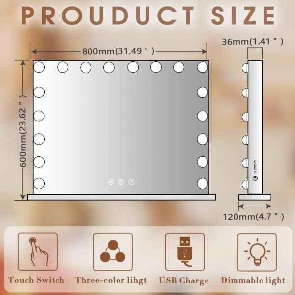 Sminkspegel Storlek 80x58 cm med LED-lampor och USB
