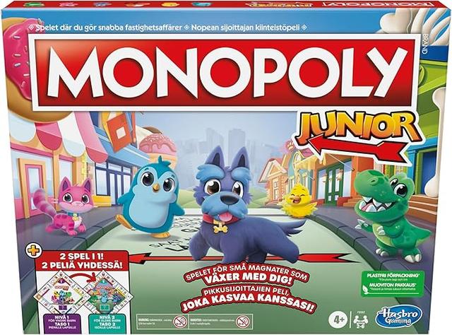 44% Monopoly Junior brädspel, 2-sidig spelplan, 2 spel i 1, Monopoly-spel för barn, barnspel, Junior-spel (Svenska/Finska) : Amazon.se: Leksaker
