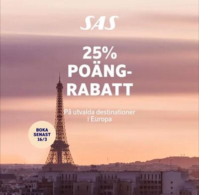 SAS - 25% poängrabatt på bonusresor