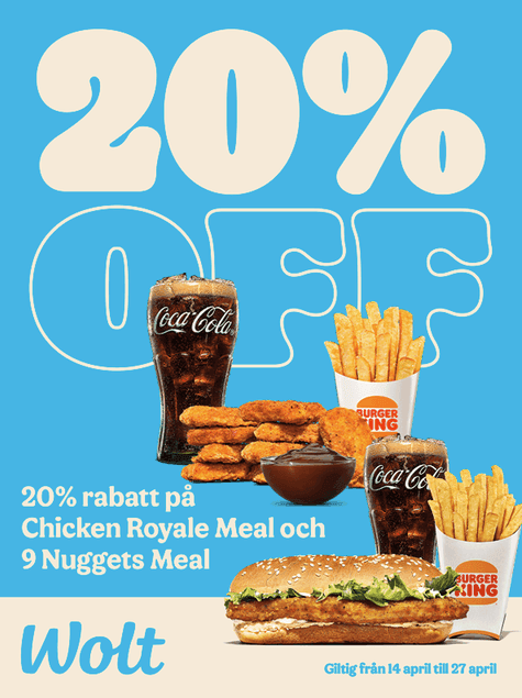 20 % rabatt på Chicken Royale Meal och 9 Nuggets Meal