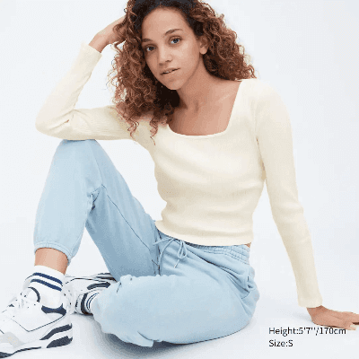 RIBBED CROPPED SQUARE NECK LONG SLEEVED T-SHIRT