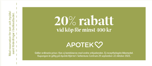 20% rabatt vid köp för minst 400 kr hos Apotek Hjärtat på Sollentuna Centrum